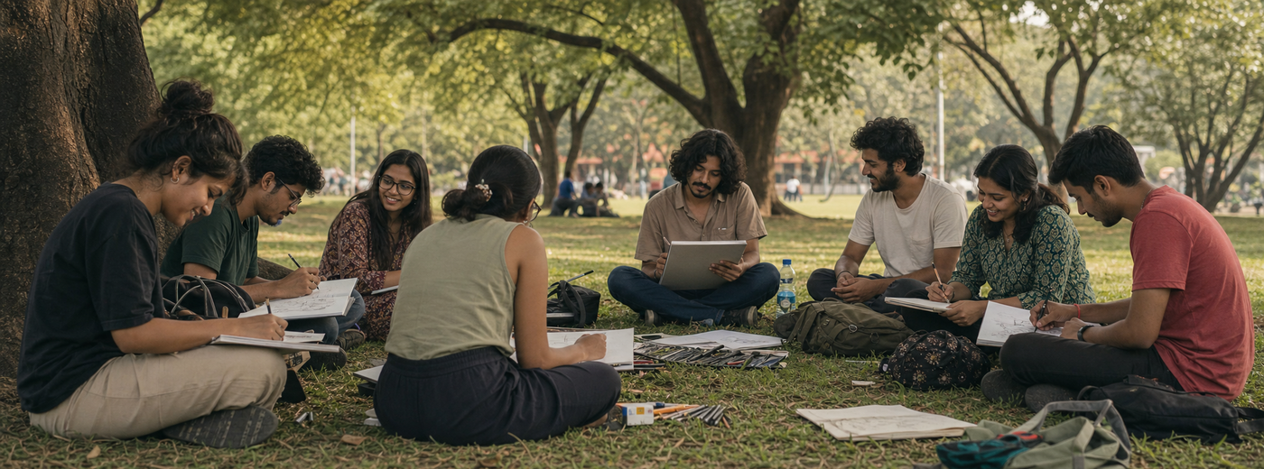 Members of Sunday Sketch Club drawing together in a park